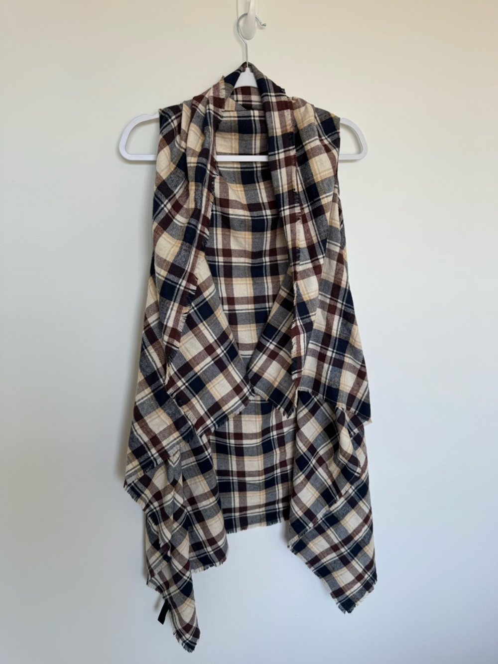 Express Plaid Draped Open Vest - Navy, Cream & Brown